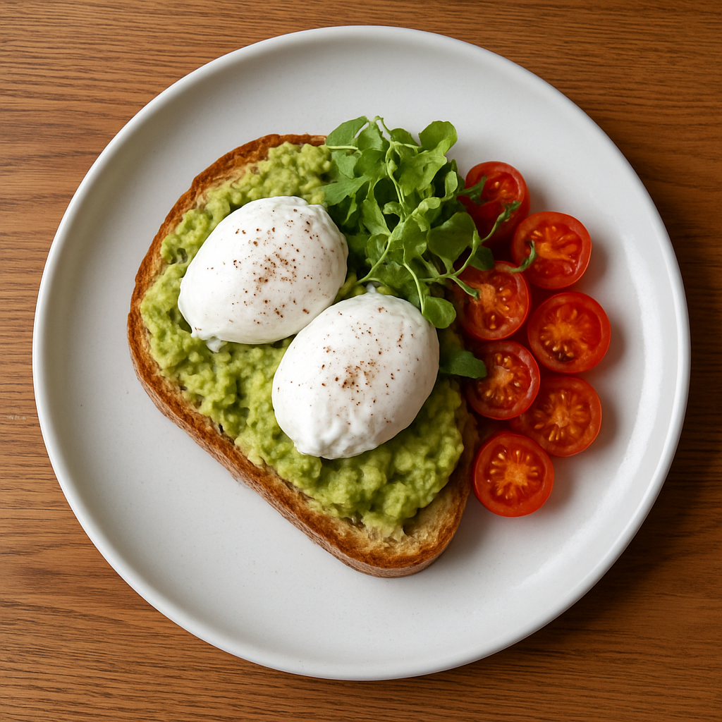 Australian-style avocado toast with poached eggs on sourdough bread
