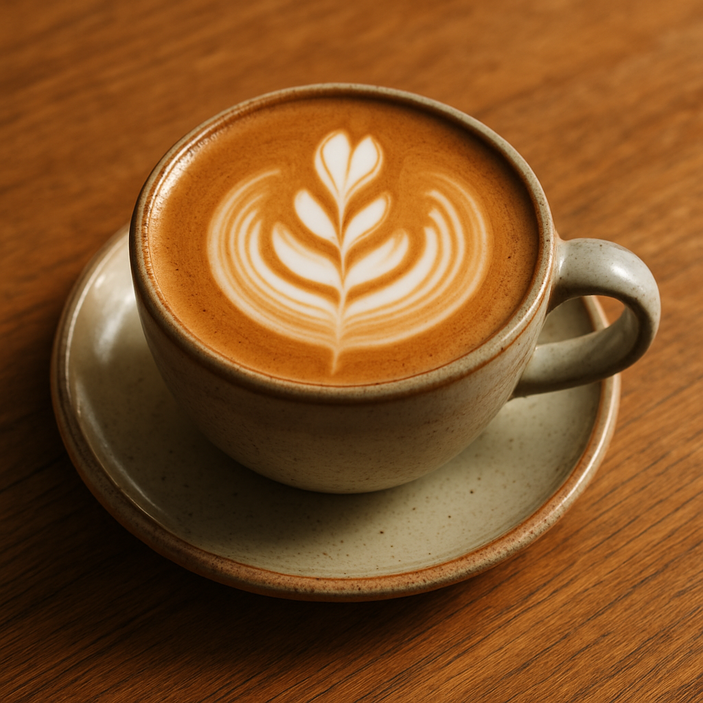 Artisan flat white coffee with latte art in a ceramic cup