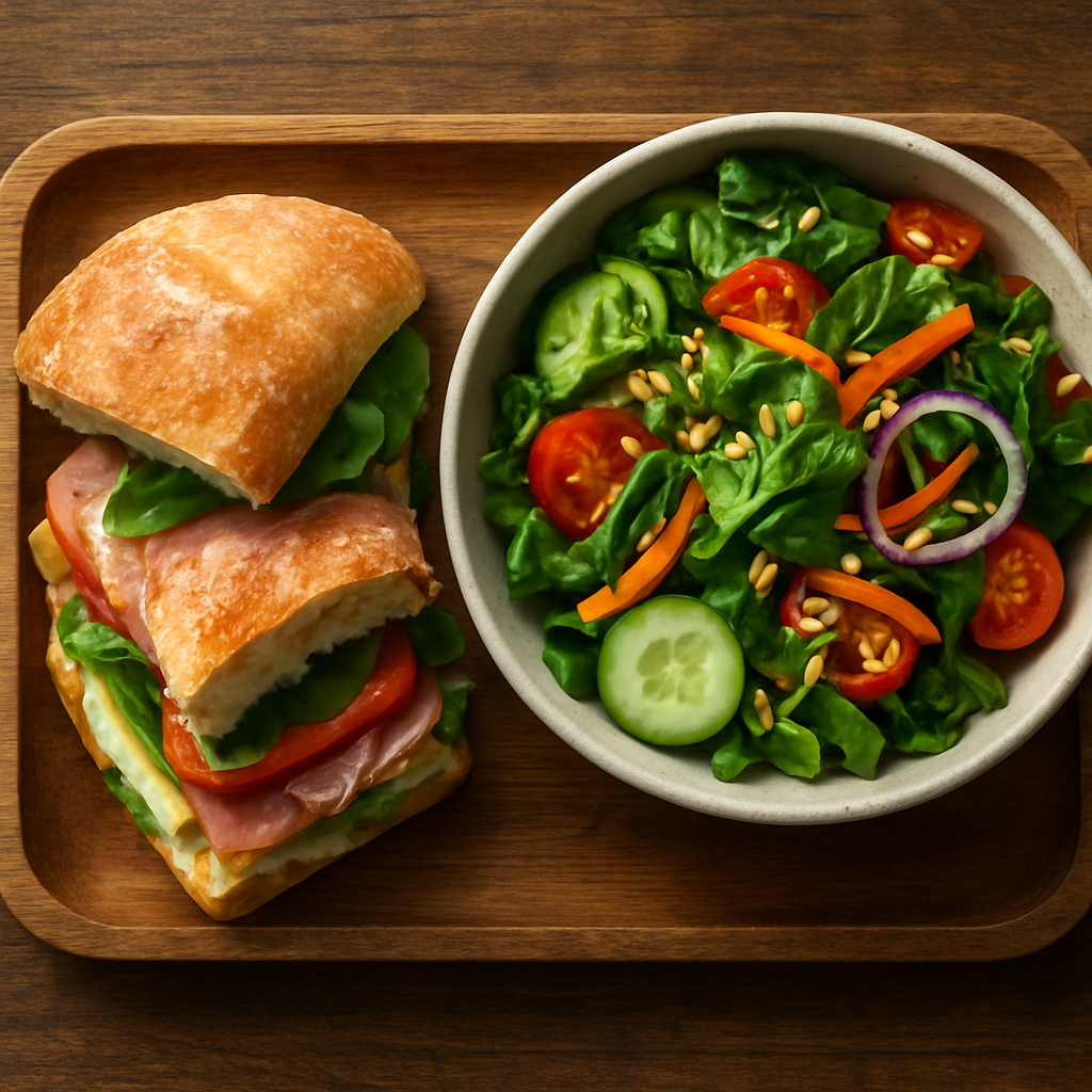 Fresh gourmet lunch spread with sandwich and salad on a timber tray